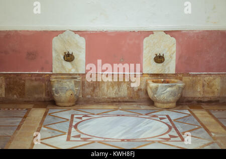 Chouf District, Lebanon, April 05 - 2017: Historic Turkish marble bathroom, located inside the Beit ed-Dine (Beiteddine) palace, built in 1788, renova Stock Photo