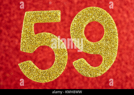 Number fifty-nine yellow color over a red background. Anniversary. Horizontal Stock Photo