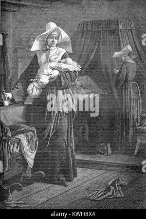 Vintage engraving about birth and death: a nun holding and feeding the newborn, another nun praying at the bed of the dead mother with the husband kneeling Stock Photo