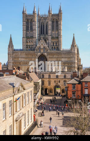 A view of Lincoln Cathedral taken from inside the walls of Lincoln Castle and Prison Museum, Lincoln, Lincolnshire, England, UK Stock Photo
