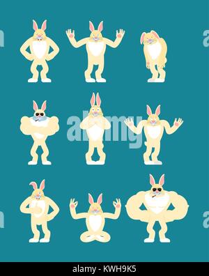 Rabbit set poses and motion. Hare happy and yoga. Animal sleeping and angry. guilty and sad. Vector illustration Stock Vector