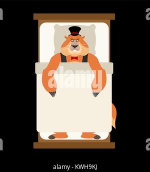 Groundhog day. Groundhog in Hat sleeping on bed. Woodchuck asleep. Marmot dormant. Vector illustration Stock Vector