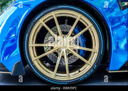 TORINO - JUN 08, 2017: Showroom. Wheel of a mazzanti Evantra with brake system Stock Photo