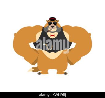 Groundhog day. Groundhog in hat Strong Cool serious. Woodchuck smoking cigar. Marmot strict. Vector illustration Stock Vector