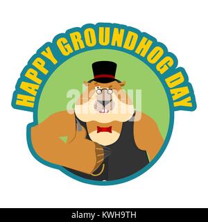 Groundhog day emblem. Groundhog in hat thumbs up and winks. Woodchuck happy emoji. Vector illustration Stock Vector