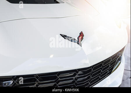 TORINO - JUN 08, 2017: Showroom. Close up of an hood and logo of a Chevrolet Stock Photo