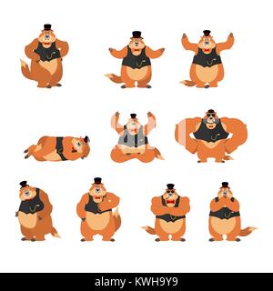 Groundhog day. Groundhog in Hat set poses and motion. Woodchuck happy and yoga. Marmot sleeping and angry. guilty and sad. Vector illustration Stock Vector