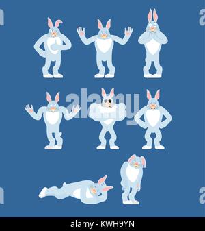 Rabbit set poses and motion. Hare happy and yoga. Animal sleeping and angry. guilty and sad. Vector illustration Stock Vector