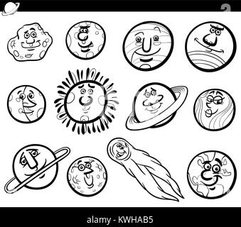 Black and White Cartoon Illustration of Funny Orbs and Planets from Solar System Space Comic Characters Coloring Book Stock Vector