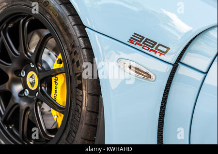 TORINO - JUN 08, 2017: Showroom. Close up of a blue Lotus 380 Sport Stock Photo