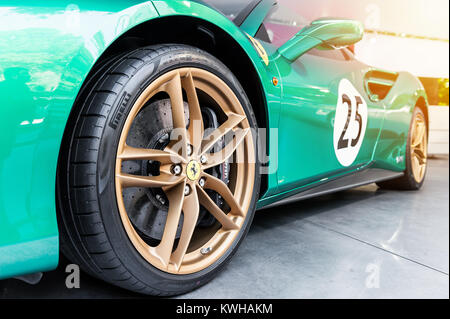 TORINO - JUN 08, 2017: Showroom. Close up of a new green ferrari Stock Photo