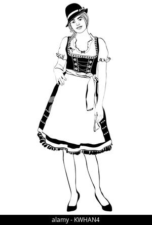 Girl in German national costume, vector outline portrait, black and white contour drawing, coloring. Woman with pigtails and cap, in old traditional d Stock Vector