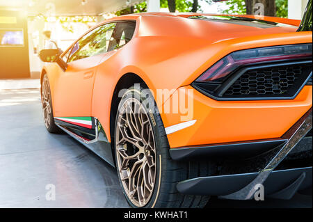 TORINO - JUN 08, 2017: Showroom. Close up of a new Lamborghini Huracan Stock Photo