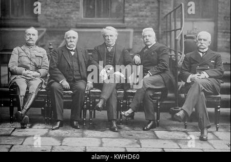 French General Ferdinand Foch (1851-1929), French Prime Minister Georges Benjamin Clemenceau (1841-1929), British Prime Minister David Lloyd George (1863-1945), Italian Prime Minister Vittorio Emanuele Orlando (1860-1952) and Italian Minister of Foreign Affairs Baron Sidney Costantino Sonnino (1847-1922)