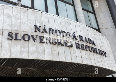 Parliament building sign closeup in Bratislava, Slovakia. Stock Photo