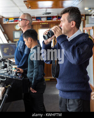 Ship's crew on bridge sailing passenger ship Ocean Adventurer; carries alpine mountaineering skiers to Antarctica Stock Photo