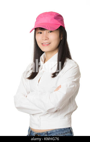 Portrait of a Beautiful Chinese American woman displaying a bit of attitude isolated on a white background Stock Photo