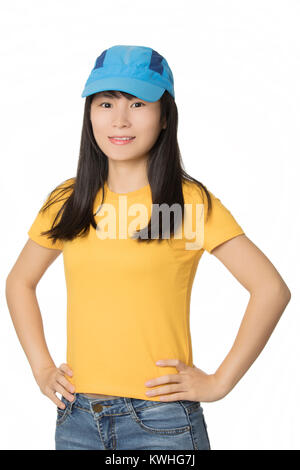 Portrait of a Beautiful Chinese American woman displaying a bit of attitude isolated on a white background Stock Photo