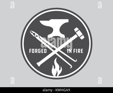 Blacksmith vector emblem or badge. Retro style blacksmith design with forging tools including hammers, anvil, tongs and fire. Stock Vector