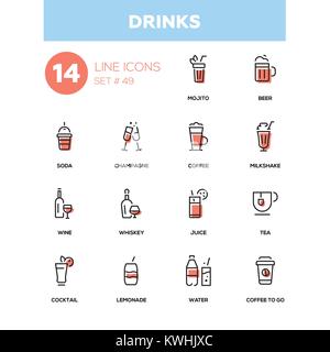Food theme, alcohol and soft drinks - line design icons set. Stock Vector