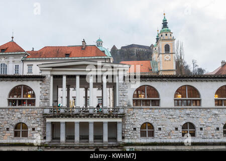 LJUBLJANA, SLOVENIA - DECEMBER 16, 2017: Central Market of Ljubljana, capital city of Slovenia, taken during a cloudy rainy day, with the Ljubljanica  Stock Photo