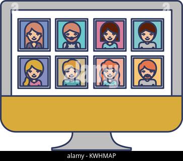 people gallery picture profiles social network in monitor screen in colorful silhouette Stock Vector