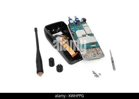 Disassembled walkie-talkie. Parts of the radio. Electronic board controller. Isolated on white background. Stock Photo