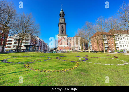Plant Olympic rings before the Saint Michaeliskirche in Hamburg, Germany, Europe, Gepflanzte Olympische Ringe vor der St. Michaeliskirche in Hamburg,  Stock Photo