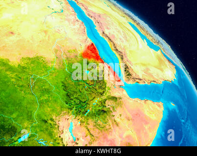 Space view of Eritrea highlighted in red on planet Earth. 3D illustration. Elements of this image furnished by NASA. Stock Photo