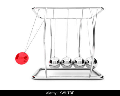 Newtons cradle with one raised red ball. 3D rendering Stock Photo
