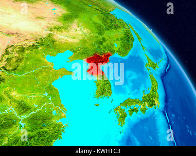 Space view of North Korea highlighted in red on planet Earth. 3D illustration. Elements of this image furnished by NASA. Stock Photo