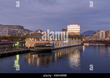 Geneva, Switzerland, at night /  november 3, 2017 : a municipal slaughterhouse opened in 1849, the halles de lile building was transformed in 1876 int Stock Photo