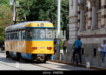 Sofia, Bulgaria - July 04, 2017: Typical Eastern Europe tram downtown Sofia, Bulgaria. The Tram network comprises of 15 urban lines. Stock Photo