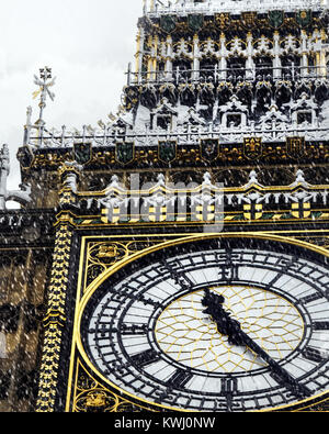 Close-up of Big Ben Clock face in snow Stock Photo