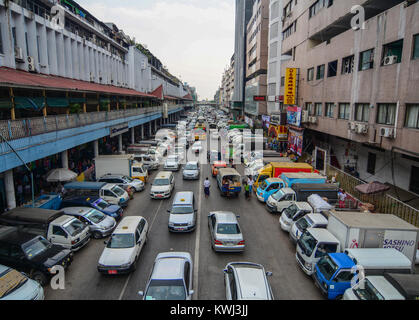 Yangon, Myanmar - Feb 26, 2016. Traffic jam at downtown in Yangon, Myanmar. Yangon is Myanmar largest city and its most important commercial centre. Stock Photo