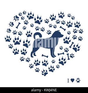 Shiba Inu silhouette on a background of dog tracks and bones in the form of heart. Design element for postcard, banner, poster or print. Stock Vector