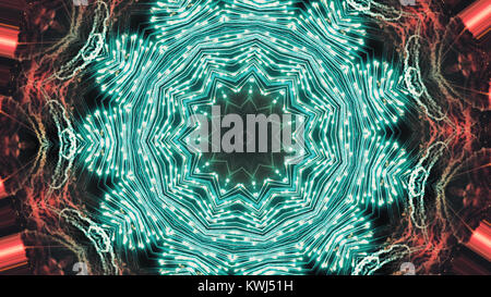 Fractal Noise and Kaleidoscopic. Pattern made with a Particle System. mirror prism creating toy effect, with shimmering lights and fast changing manda Stock Photo