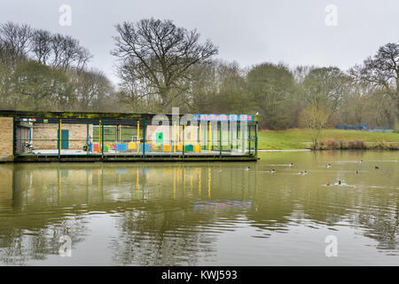 The lakeside cafe on a dreary, misty winter day at the boating lake, Corby, England. Stock Photo