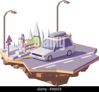 Vector low poly winter car trip Stock Vector