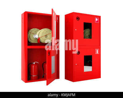 Red fire hose and fire extinguisher cabinets on white background Stock Photo