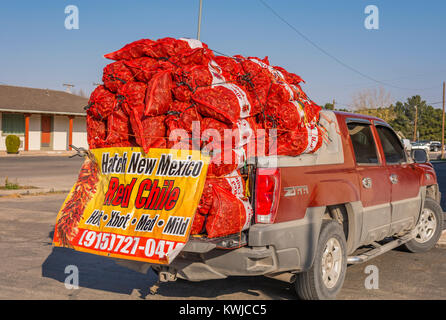 Loaded pick up truck selling large bags of Hatch, New Mexico Hot Red Chile pepper, capsicum in New Mexico, USA. Stock Photo