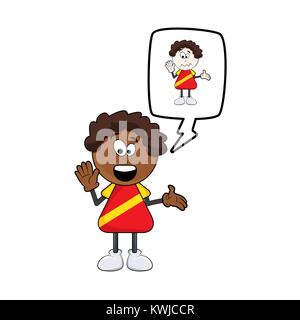 black african boy cartoon with speech bubble think about being white design isolated on white background Stock Vector