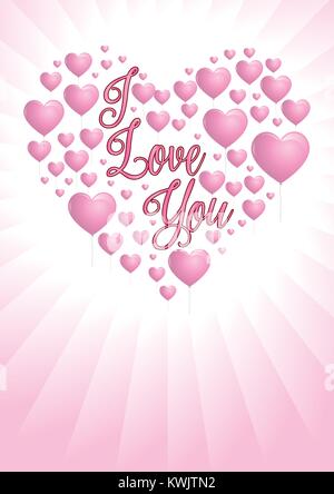 Message I love you with pink heart-shaped balloons floating on pink background with white light coming from behind the heart. Stock Vector