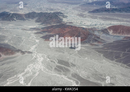 Aerial picture of the Trapezoid lines seen from the plane, Nazca, Peru Stock Photo