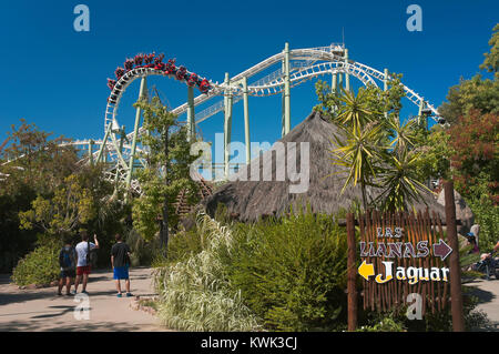 Isla Magica (Magic Island) Theme Park, The Jaguar - roller coaster (and people upside), Seville, Region of Andalusia, Spain, Europe Stock Photo