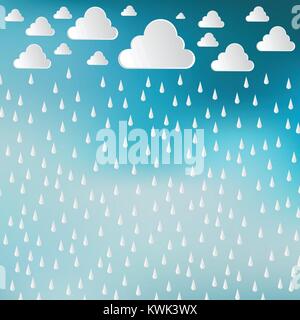 Paper cut white clouds and rain drops on blue sky background. Rainy day. Vector Illustration background 	 Stock Vector