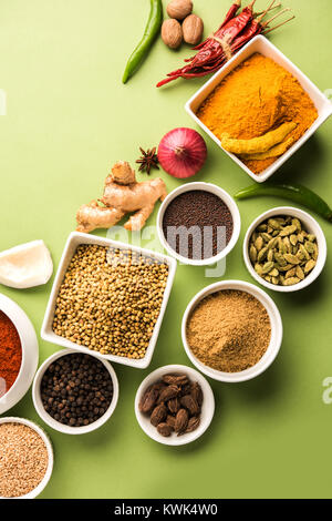 Raw Indian Spice Powder over red, green or yellow background, selective focus Stock Photo