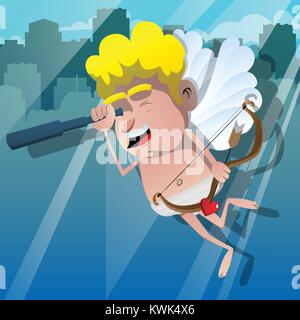 Cupid looking for opportunity through a telescope, with bow and arrow in the other hand. Vector cartoon character illustration. Stock Vector