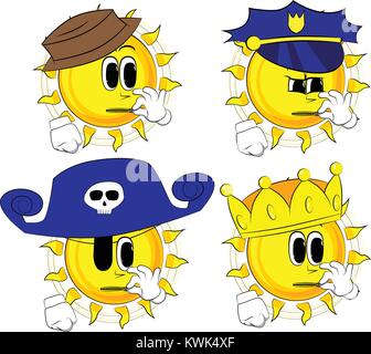 Cartoon sun zipping his mouth. Collection with costume. Expressions vector set. Stock Vector