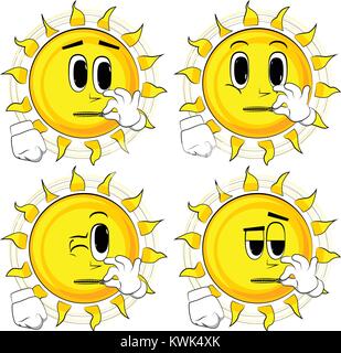 Cartoon sun zipping his mouth. Collection with surprised faces. Expressions vector set. Stock Vector